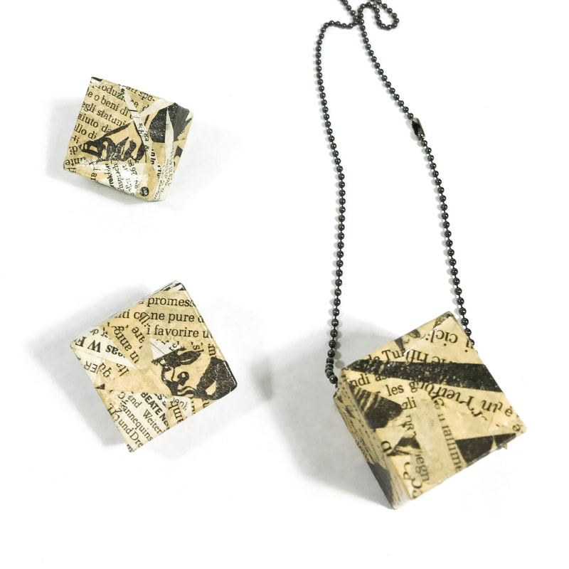 Black and  White Square Box Newspaper Earrings and Cube Pendant on a black chain by Emanuela Aureli